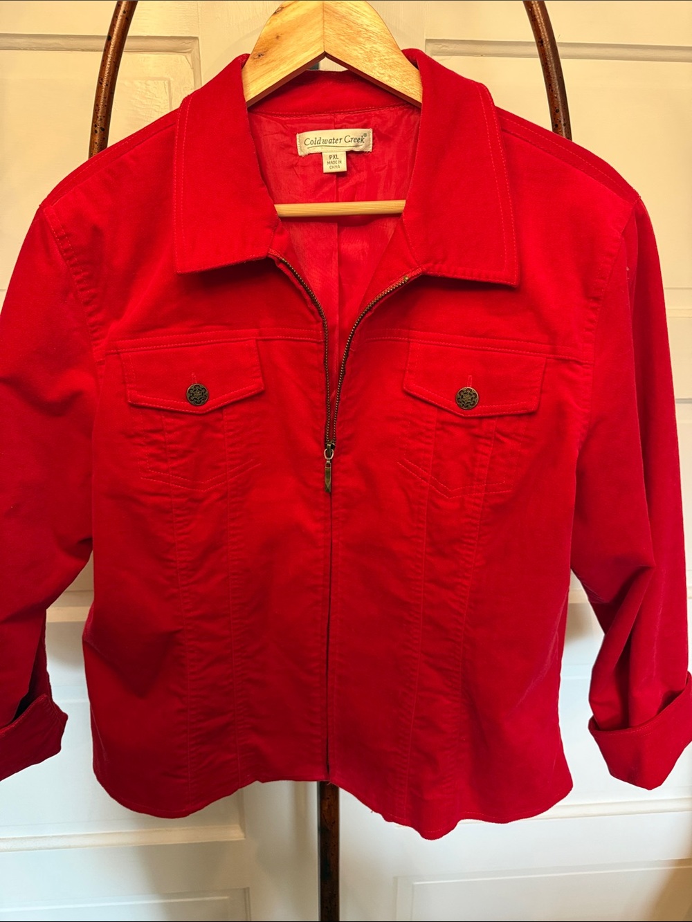 Red Velveteen Jacket Petite XL Zip Front Barn Jacket Coldwater Creek